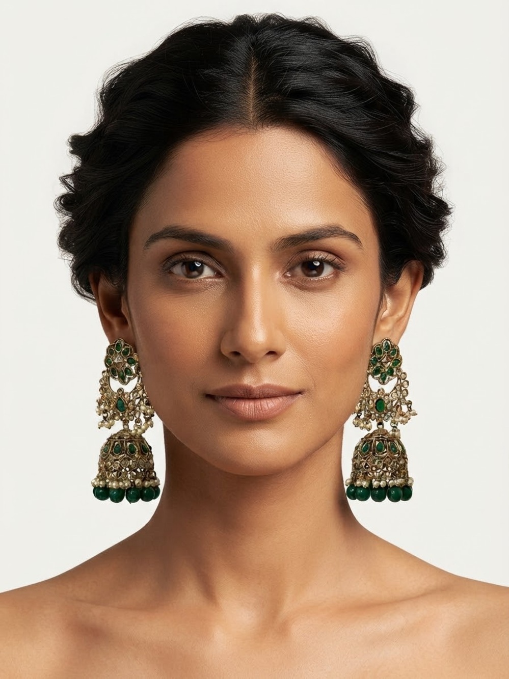 Green and Gold Statement Jhumka Earrings - Women Jewelry